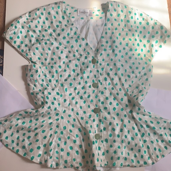 NEIMAN MARCUS SILK PEPLUM BLOUSE TOP GREEN WHITE POLKA DOTS DESIGNER SZ 8 - Picture 6 of 14